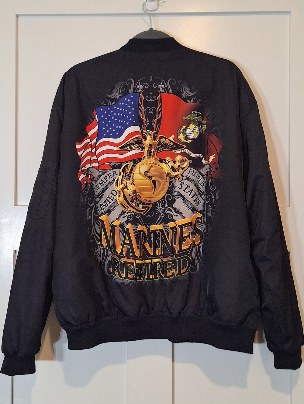 US Marine Corp Retired Bomber Jacket Black Size XL Pockets Lightweight Nylon
